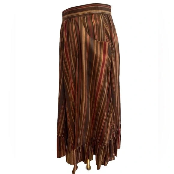 NWOT 70s PBJ BOHO RETRO BROWN & BURGUNDY STRIPED TIERED RUFFLED MIDI SKIRT SZ 9 - Picture 4 of 7